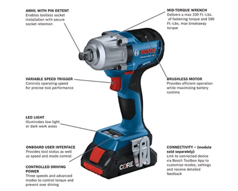 Bosch 18V Brushless 1/2" Mid-Torque Impact Wrench with Pin Detent (Bare Tool) GDS18V-330PCN