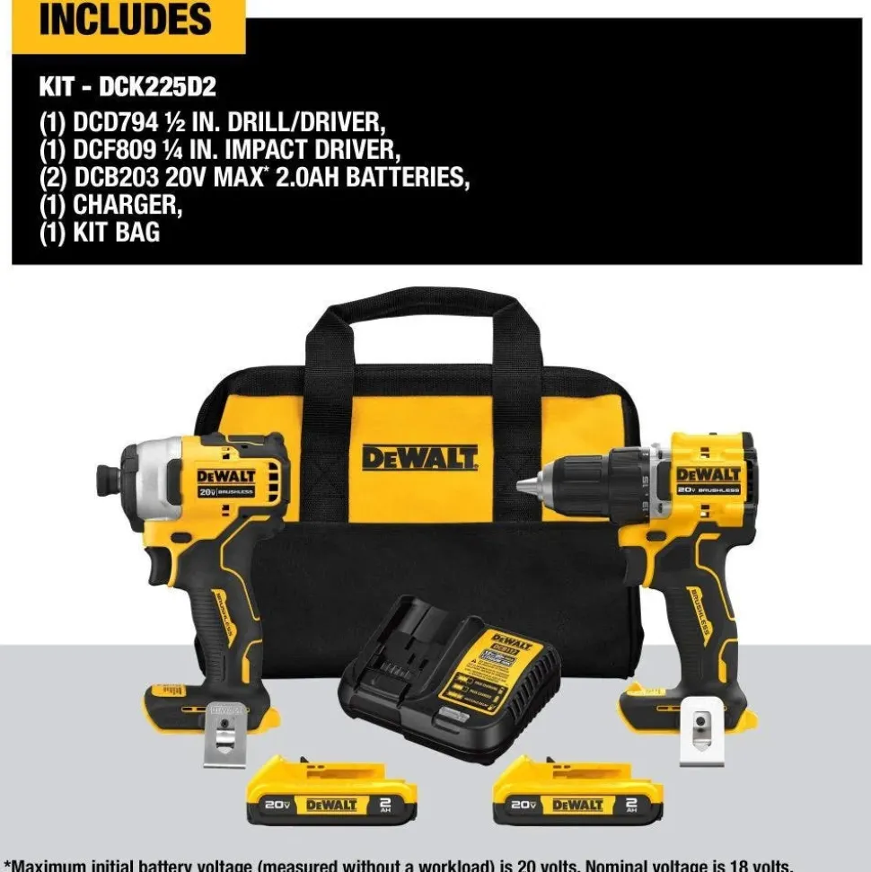 DeWalt ATOMIC 20V MAX Brushless 1/2" Hammer Drill Driver, 1/4" Impact Driver Kit DCK226D2