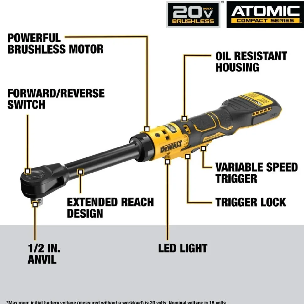 DeWalt 20V MAX* ATOMIC™ Brushless Cordless 1/2" Extended Reach Ratchet (Tool Only) DCF512EB