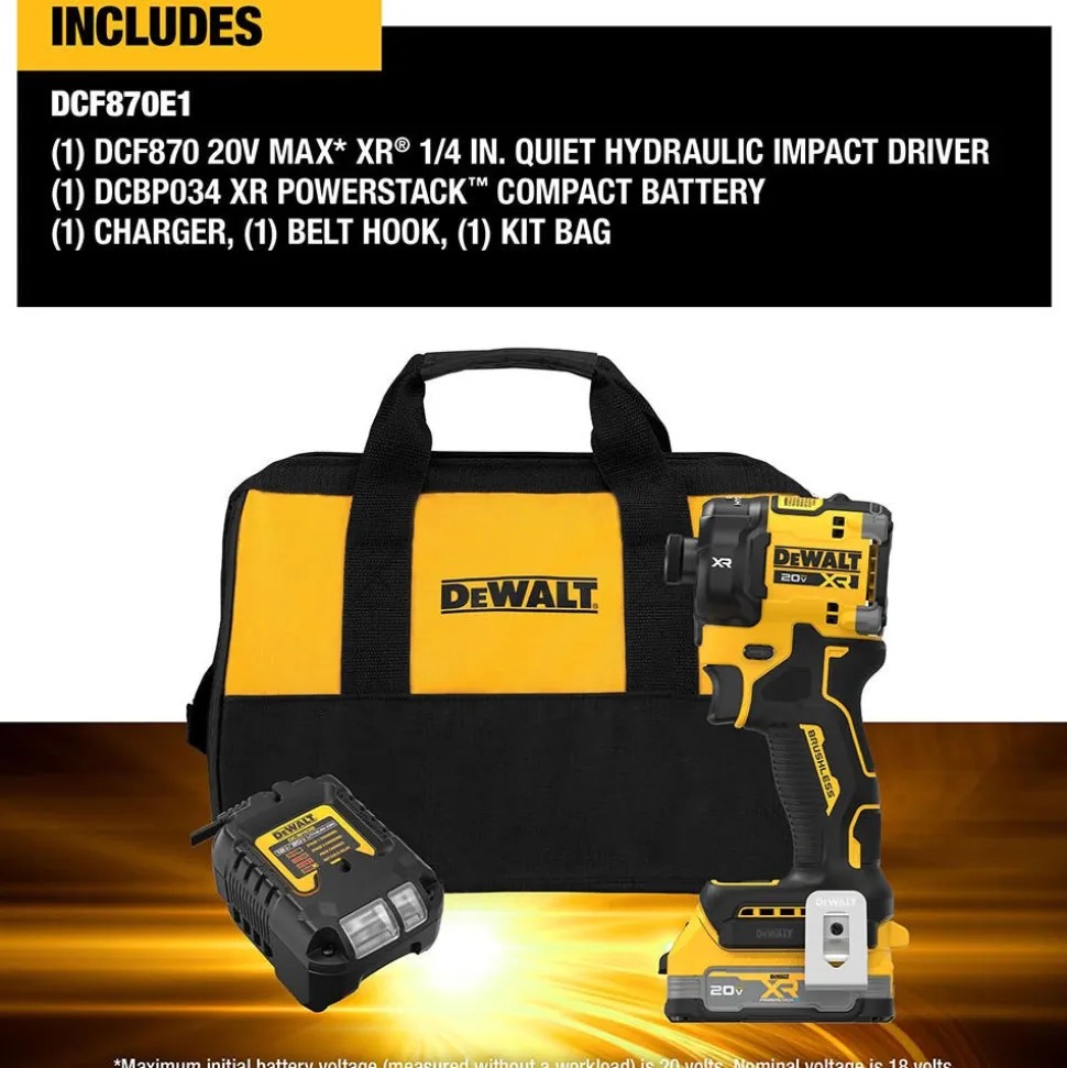 DeWalt 20V MAX XR Brushless Cordless 1/4 in. Quiet Hydraulic Impact Driver Kit with XR POWERSTACK DCF870E1