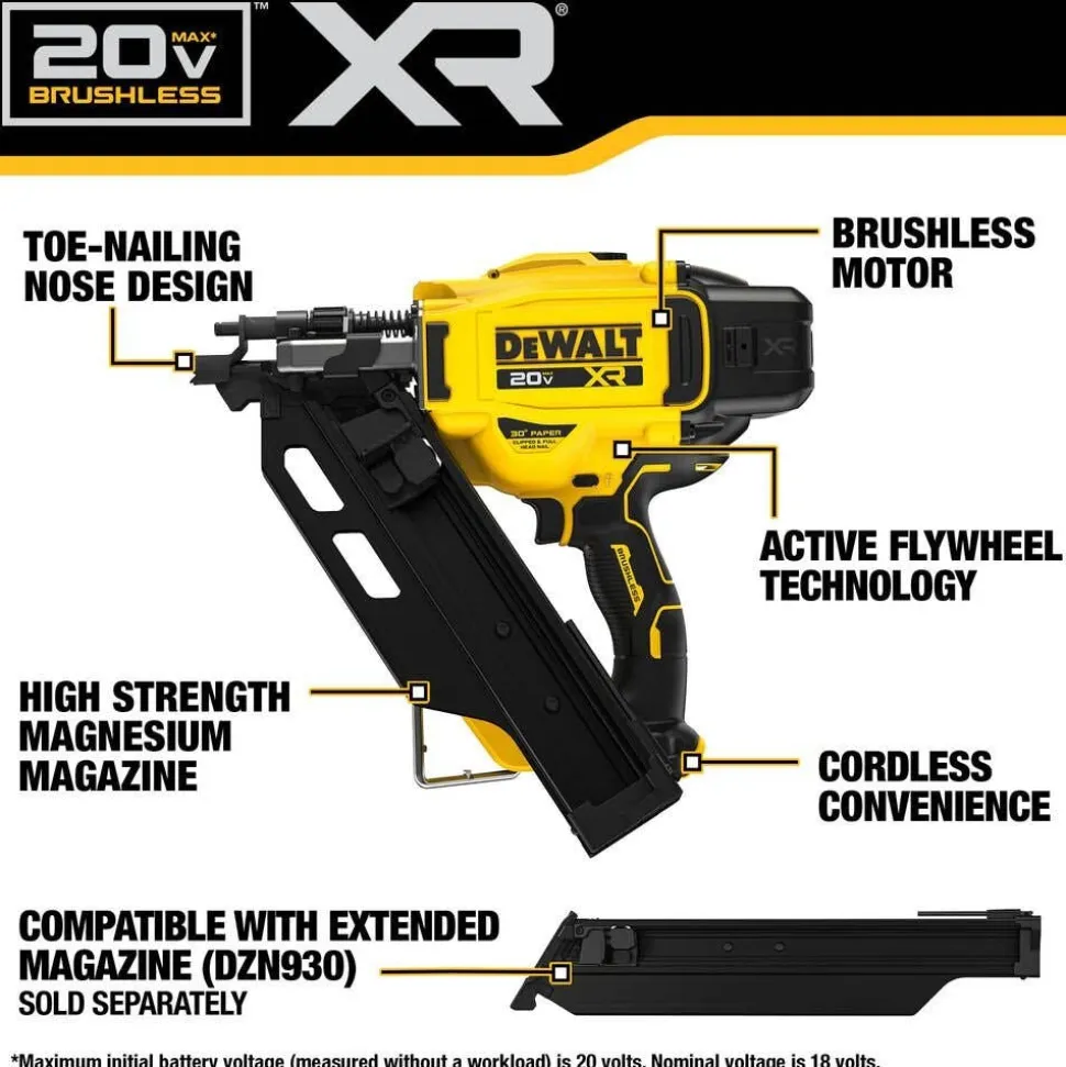 DeWalt 20V MAX XR Brushless Cordless 30 Degree Paper Collated Framing Nailer (Tool Only) DCN930B