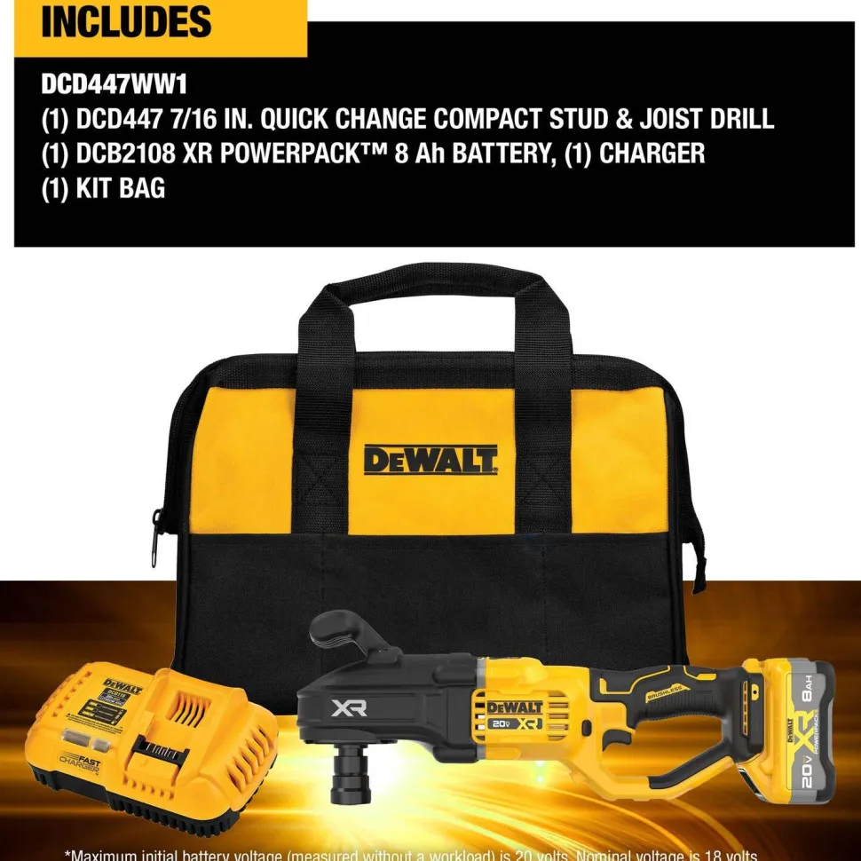 DeWalt 20V MAX XR Brushless Cordless 7/16" Quick Change Compact Stud & Joist Drill Kit with XR POWERPACK DCD447WW1