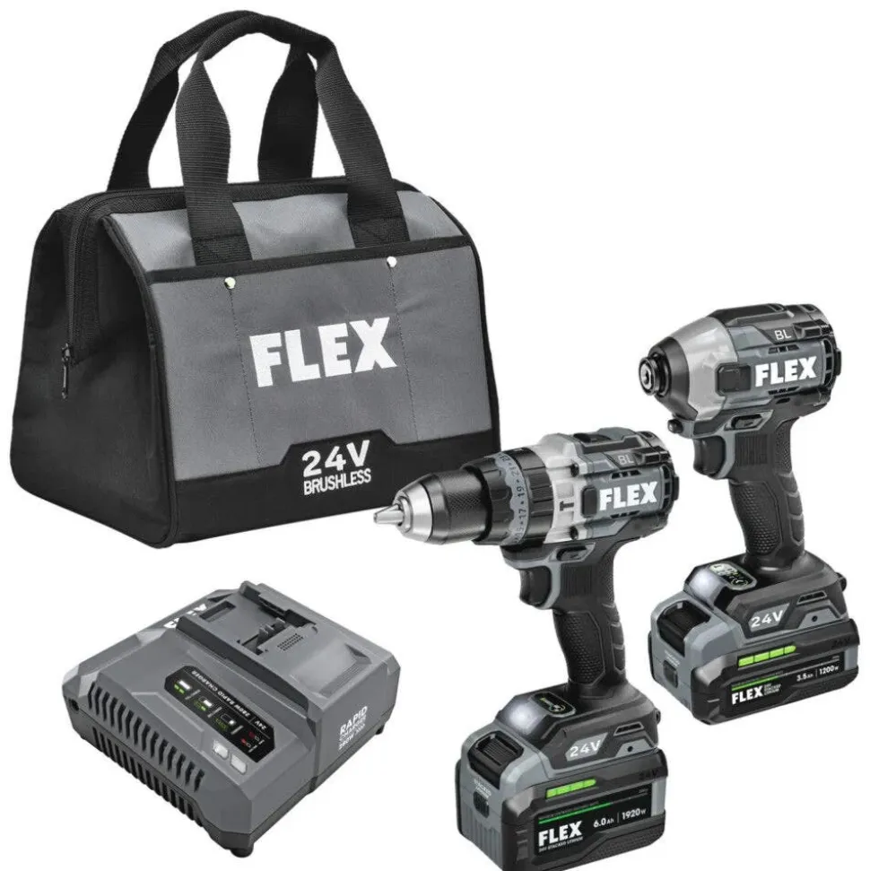 FLEX 24V 1/2" Hammer Drill and Impact Driver Combo Kit (3.5Ah/6.0Ah Stacked) FXM202-2G