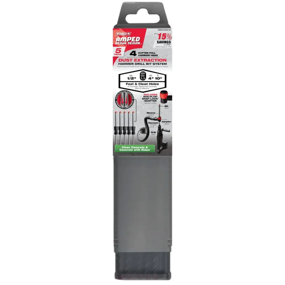 Freud Diablo AMPED Rebar Demon 1/2" x 4" x 10" SDS-Plus 4-Cutter Full Carbide Head Dust Extraction Hammer Drill Bit (5-Pack) DMAPLA4440-S6