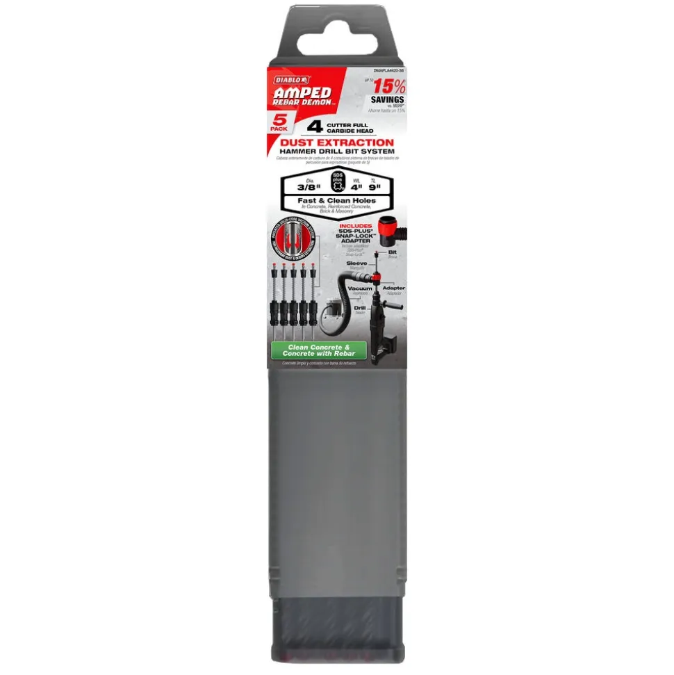 Freud Diablo AMPED Rebar Demon 3/8"x4"x9" SDS-Plus 4-Cutter Full Carbide Head Dust Extraction Hammer Drill Bit (5-Pack) DMAPLA4420-S6