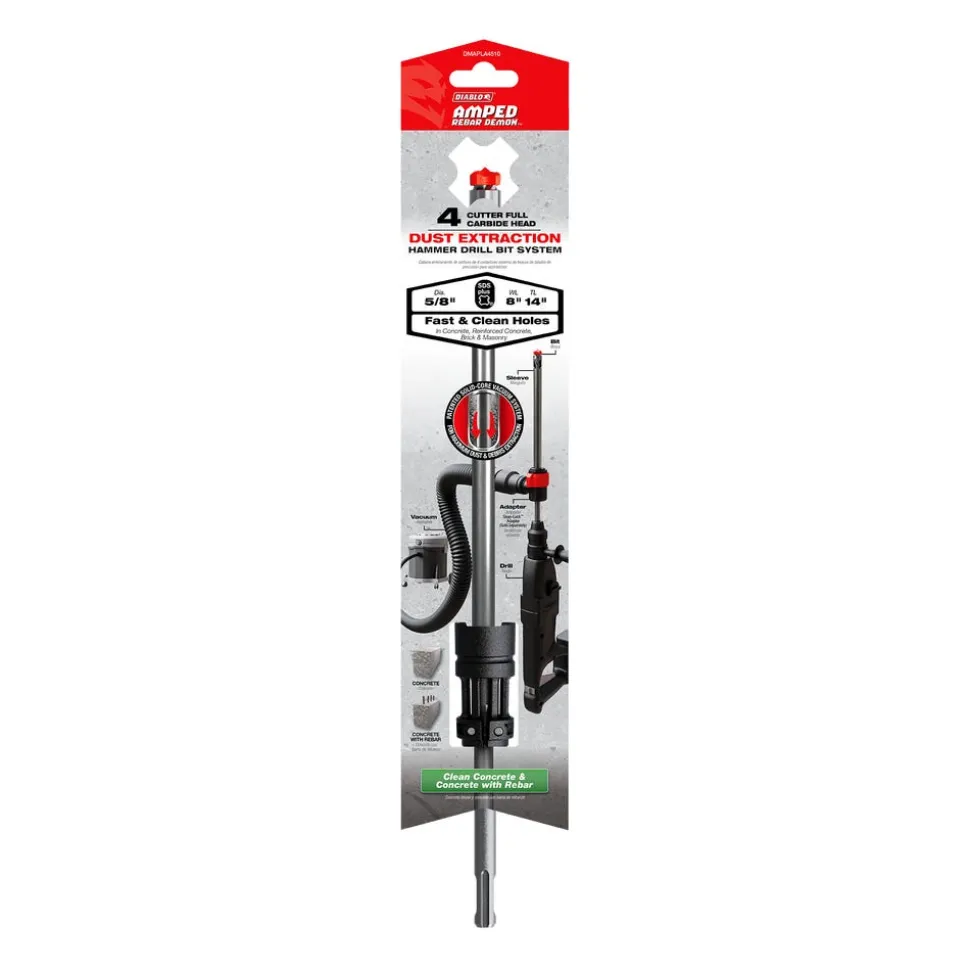 Freud Diablo AMPED Rebar Demon 5/8" x 8" x 14" SDS-Plus 4-Cutter Full Carbide Head Dust Extraction Hammer Drill Bit DMAPLA4510