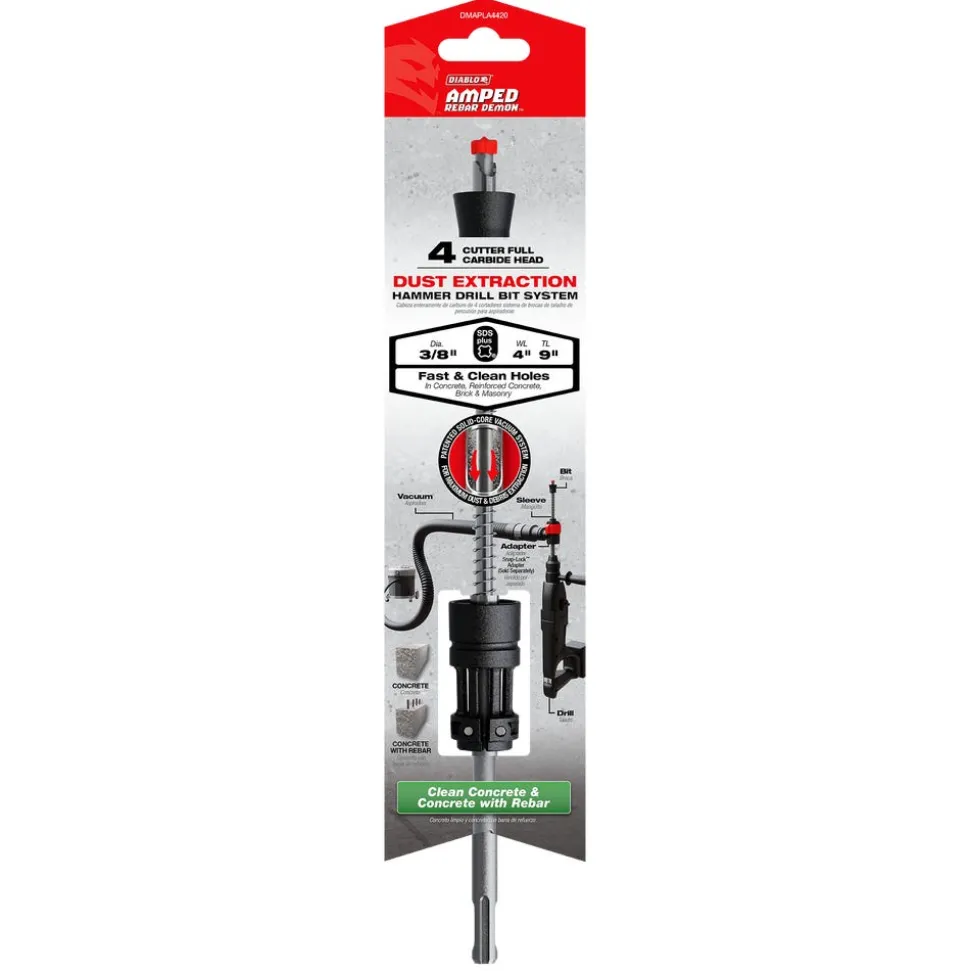 Freud Diablo AMPED Rebar Demon 3/8" x 4" x 9" SDS-Plus 4-Cutter Full Carbide Head Dust Extraction Hammer Drill Bit DMAPLA4420