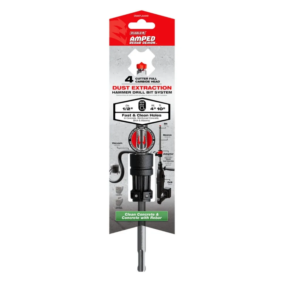 Freud Diablo AMPED Rebar Demon 1/2" x 4" x 10" SDS-Plus 4-Cutter Full Carbide Head Dust Extraction Hammer Drill Bit DMAPLA4440