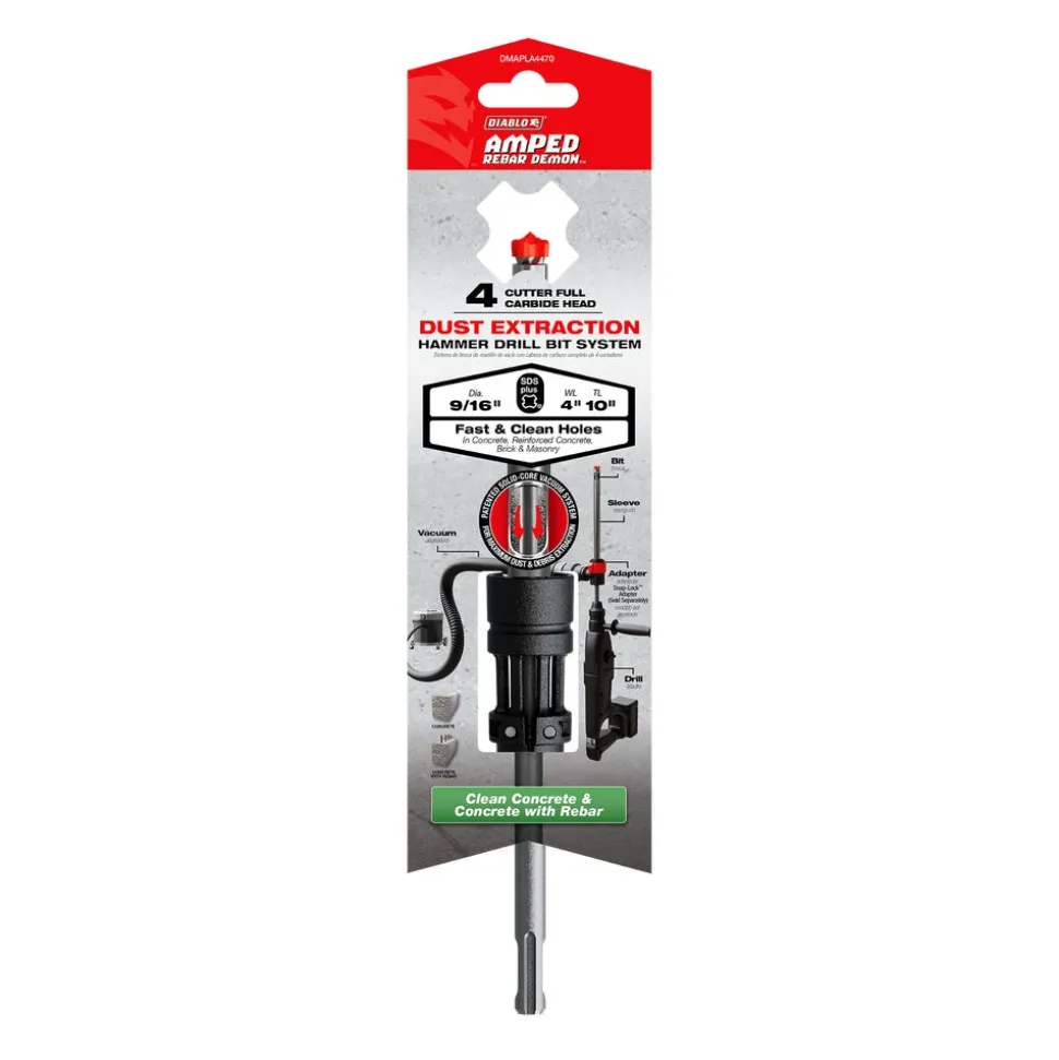 Freud Diablo AMPED Rebar Demon 9/16" x 4" x 10" SDS-Plus 4-Cutter Full Carbide Head Dust Extraction Hammer Drill Bit DMAPLA4470