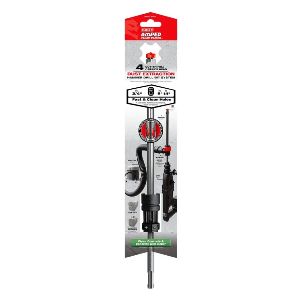 Freud Diablo AMPED Rebar Demon 3/4" x 8" x 14" SDS-Plus 4-Cutter Full Carbide Head Dust Extraction Hammer Drill Bit DMAPLA4560