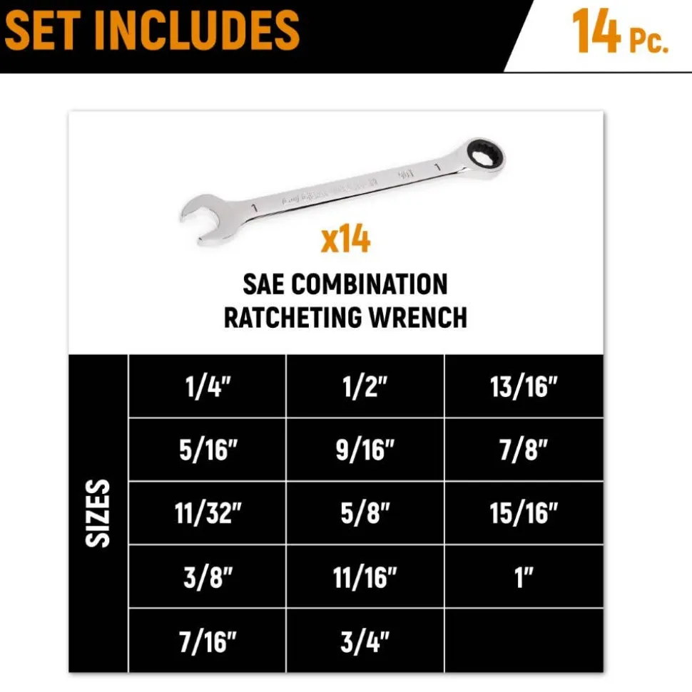 Gearwrench 14 Piece 90-Tooth 12 Point SAE Combination Ratcheting Wrench Set 86959