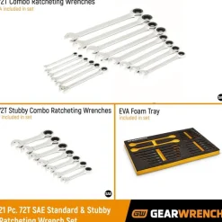 Gearwrench 21 Piece 72-Tooth 12 Point SAE Standard & Stubby Combination Ratcheting Wrench Set w/ Foam Storage Tray 86526