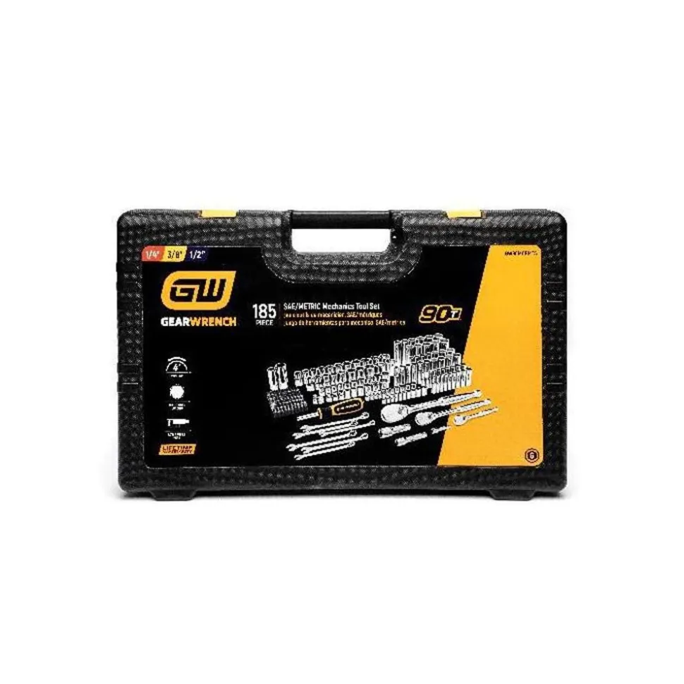 Gearwrench Tools 185 Piece 1/4", 3/8”, & 1/2" Drive 90T SAE/MM Mechanics Hand Tool Set GW90MCBMTS