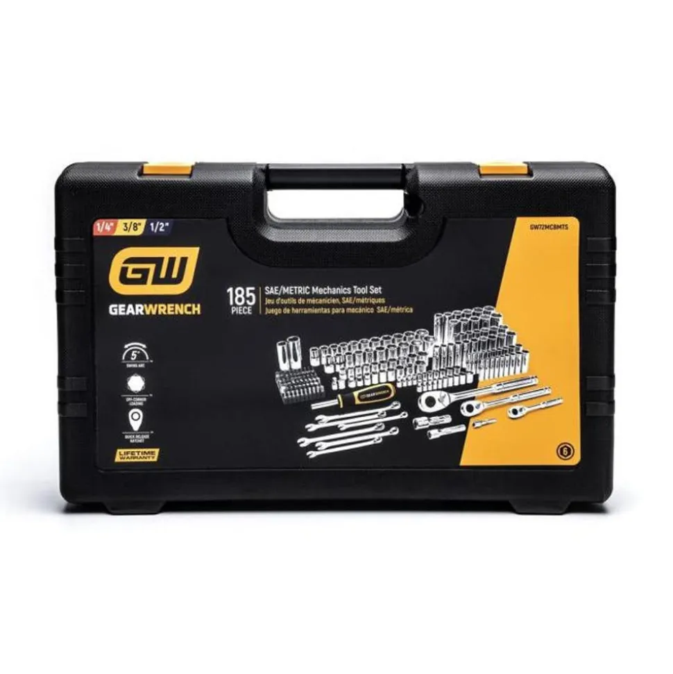 Gearwrench Tools 185 Piece 1/4”, 3/8”, & 1/2" Drive 72-Tooth SAE/MM Mechanics Hand Tool Set GW72MCBMTS