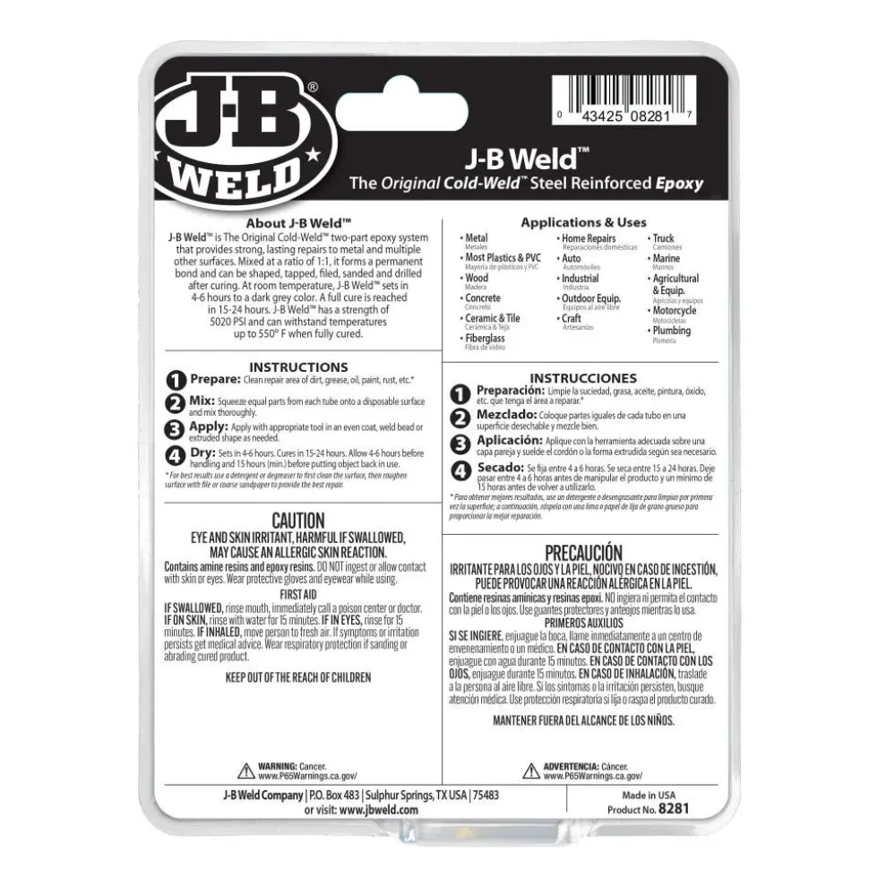 J-B Weld Cold Weld Two-Part Epoxy (Repair Metal, Fiberglass, Plastic) Pro Size 10 oz 8281