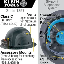 Klein Carbon Fiber Full Brim Hard Hat with Headlamp, Titan 60512