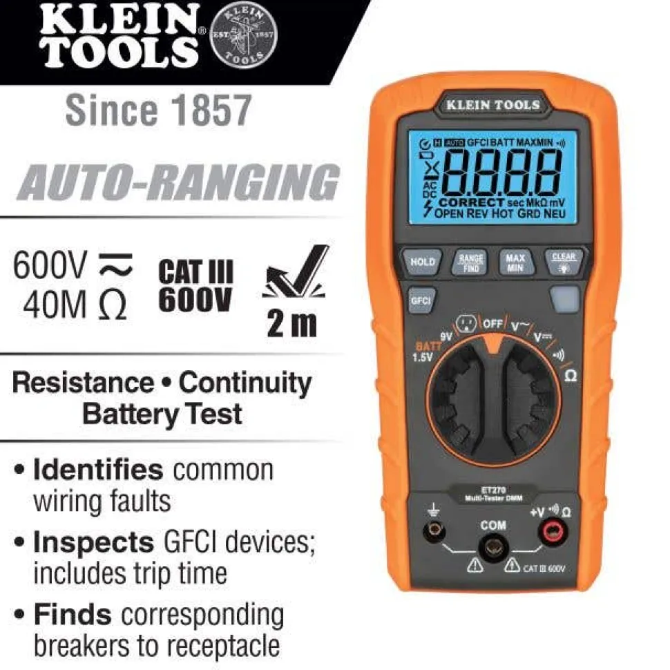 Klein Digital Multi-Tester, Multimeter w/ Receptacle Tester ET270