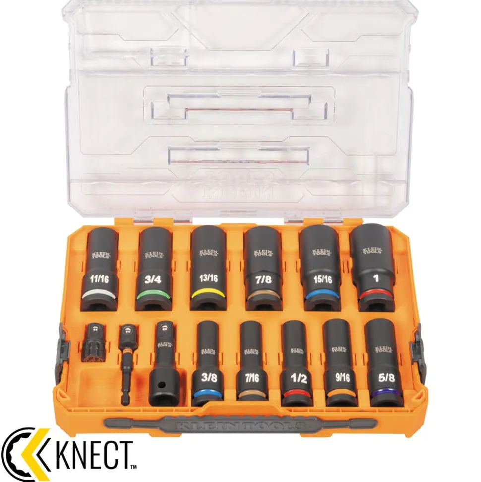 Klein Tools KNECT™ 1/2" Drive Deep Well Impact Socket Set, SAE, 14-Piece 65111IMPCT