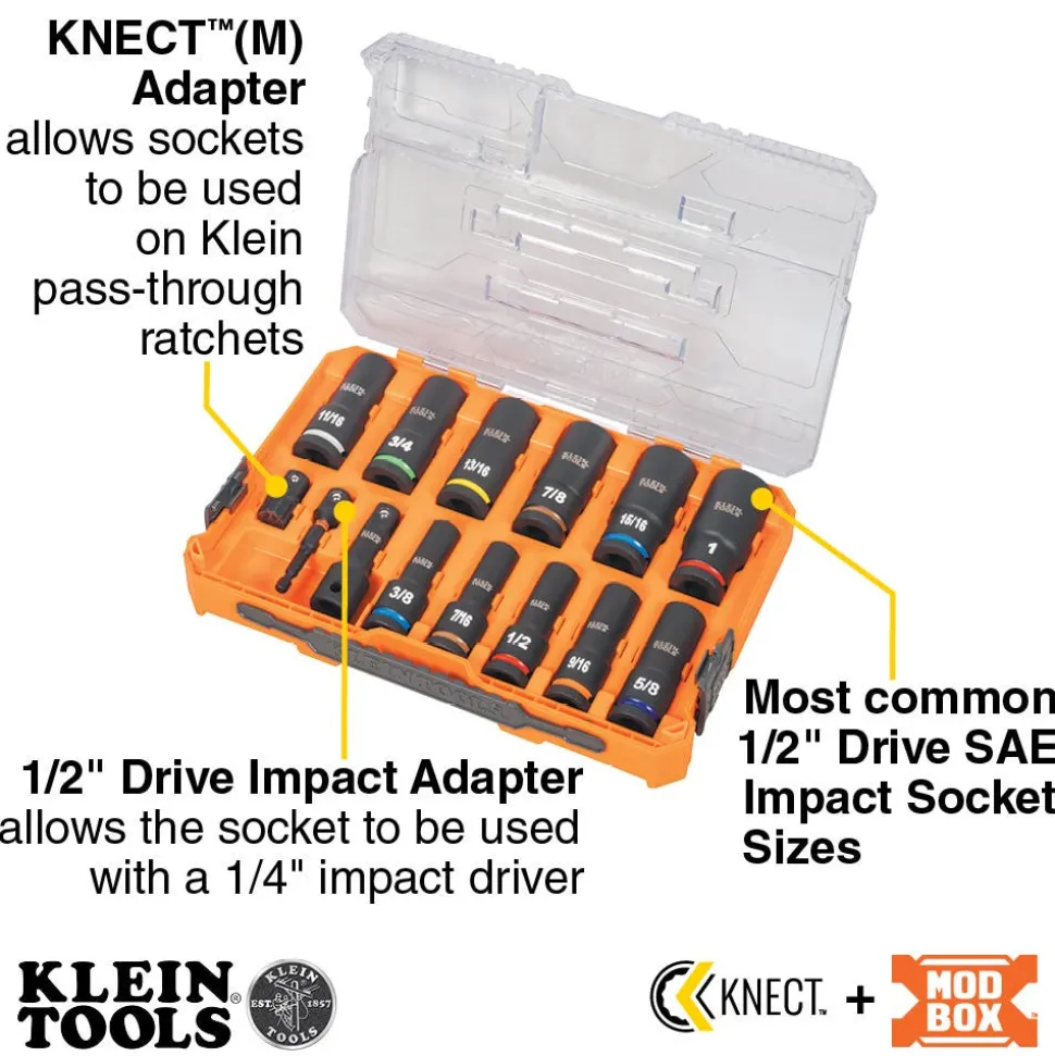 Klein Tools KNECT™ 1/2" Drive Deep Well Impact Socket Set, SAE, 14-Piece 65111IMPCT