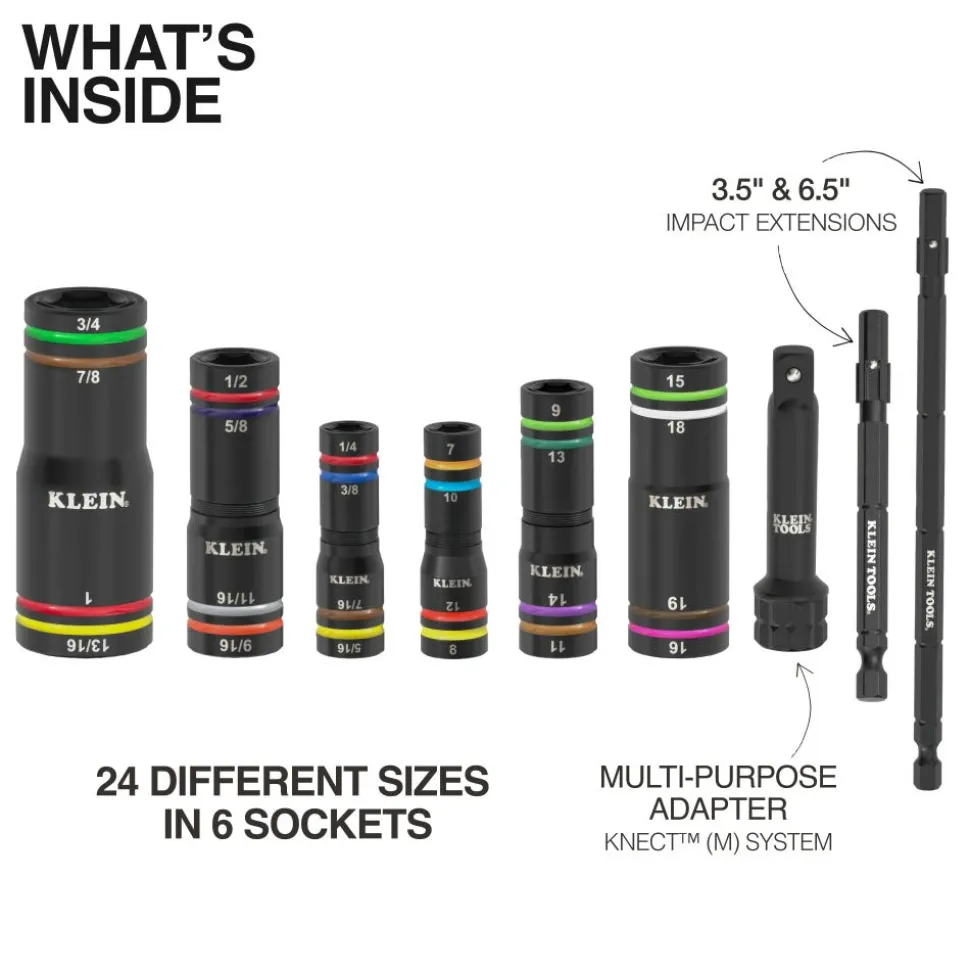 Klein Tools KNECT™ Quad-24 Heavy-Duty Impact Flip Sockets, SAE and Metric, 6-Piece 656QS