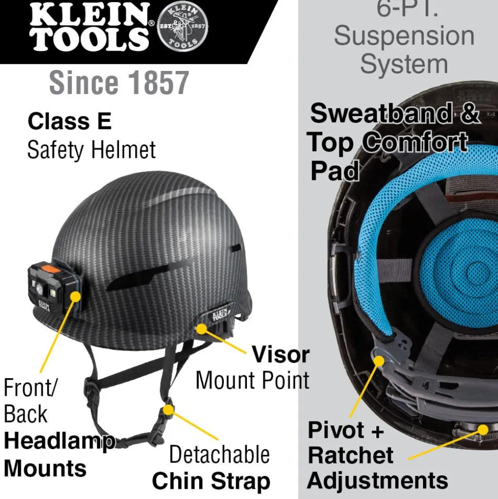 Klein Tools Safety Helmet, Premium KARBN Pattern, Non-Vented, Class E, Headlamp 60515