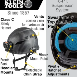 Klein Tools Safety Helmet, Premium KARBN Pattern, Vented, Class C, Headlamp 60517