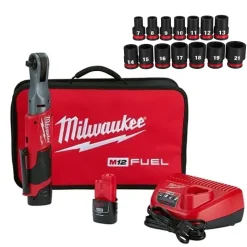 M12 Fuel 3/8" Ratchet (2.0Ah) w/ 14 Piece Shockwave Impact Duty 3/8" Drive Metric Standard 6 Point Socket Set Bundle