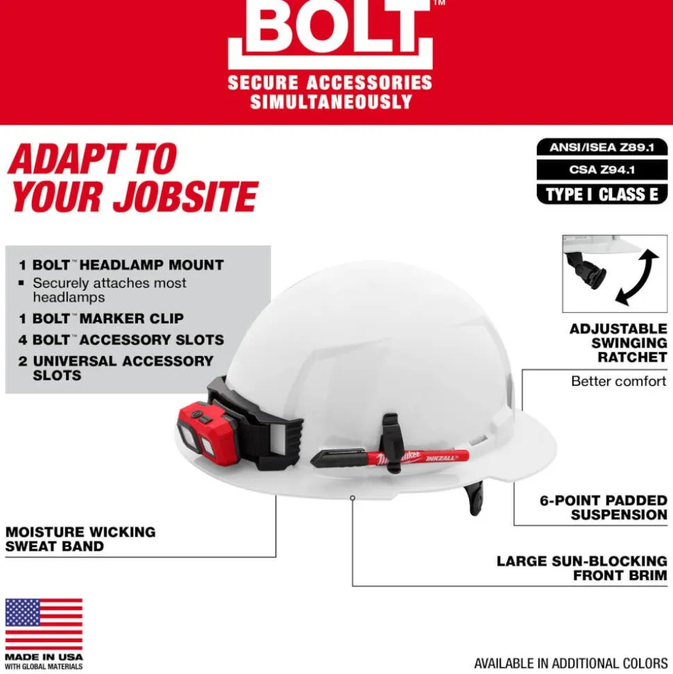 Milwaukee BOLT Hard Hat Unvented, Class E Full Brim 6pt Suspension - Green 48-73-1127