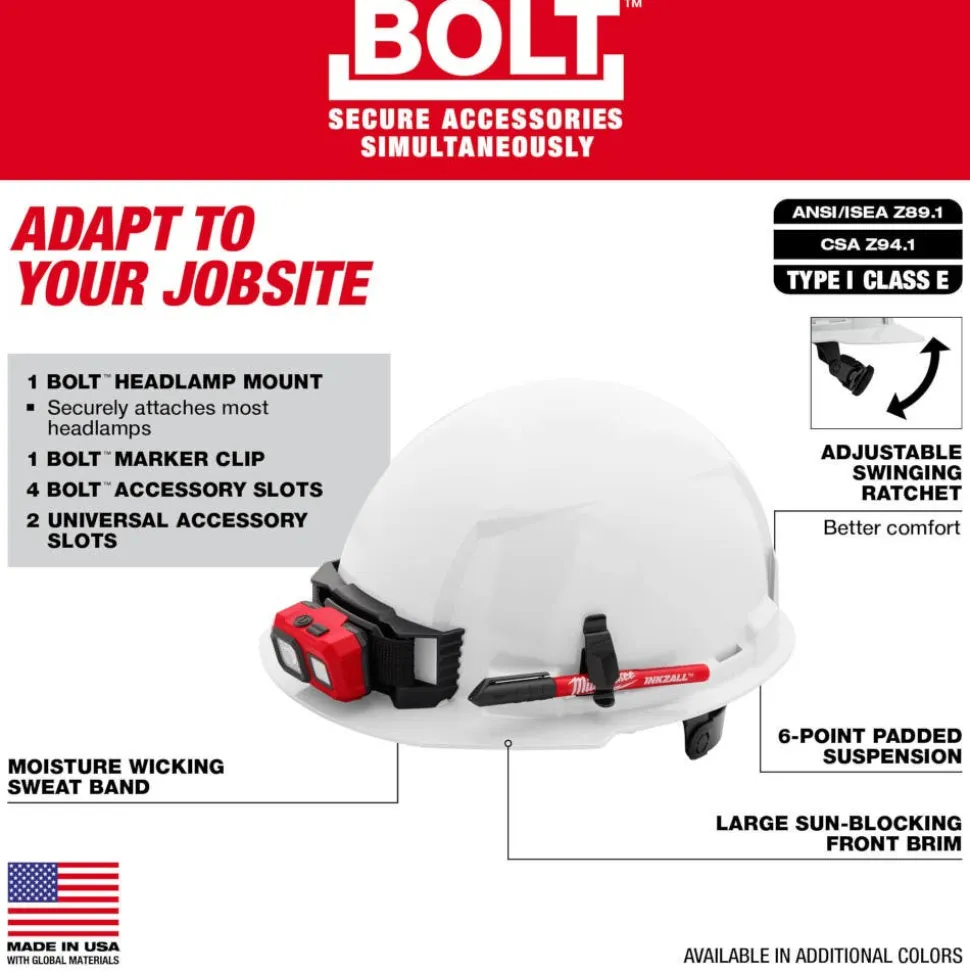 Milwaukee BOLT Hard Hat Unvented, Class E Front Brim 6pt Suspension - Red 48-73-1128