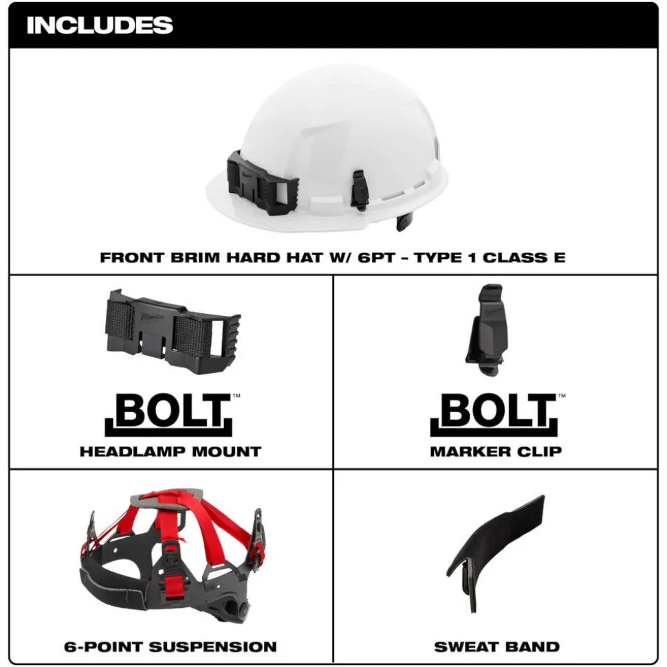 Milwaukee BOLT Hard Hat Unvented, Class E Front Brim 6pt Suspension - Red 48-73-1128