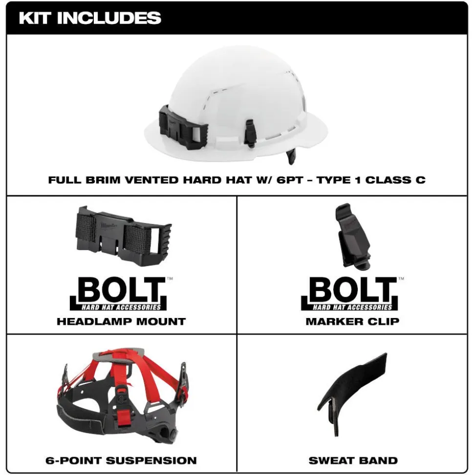 Milwaukee BOLT Hard Hat Vented, Class C Full Brim 6pt Suspension - Grey 48-73-1235
