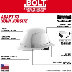 Milwaukee BOLT Hard Hat Vented, Class C Full Brim 6pt Suspension - White 48-73-1221