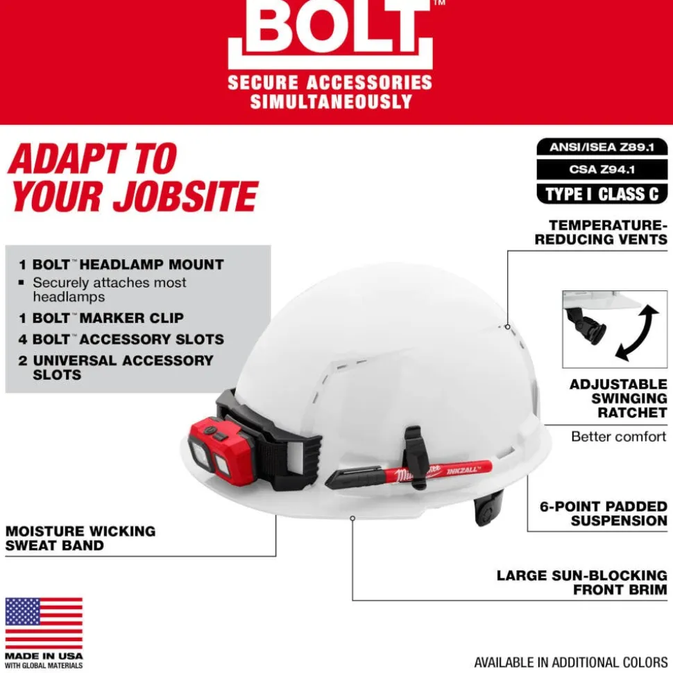 Milwaukee BOLT Hard Hat Vented, Class C Front Brim 6pt Suspension - Green 48-73-1226