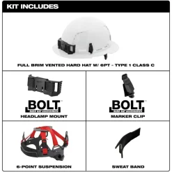 Milwaukee BOLT Hard Hat Vented, Class C Full Brim 6pt Suspension - Red 48-73-1229