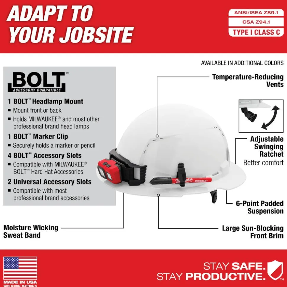 Milwaukee BOLT Hard Hat Vented, Class C Full Brim 6pt Suspension - Blue 48-73-1225
