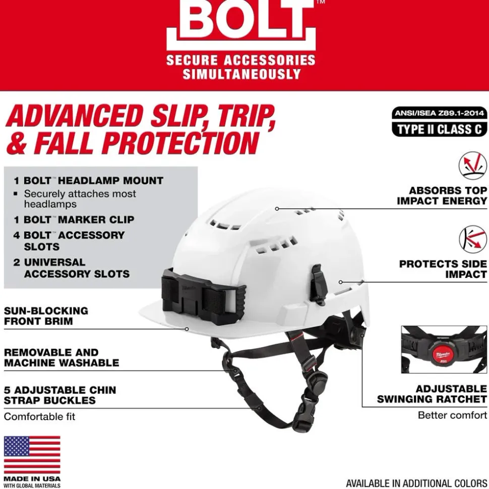 Milwaukee BOLT Type 2, Class C Vented Front Brim Safety Helmet w/ IMPACT ARMOR Liner - White 48-73-1364