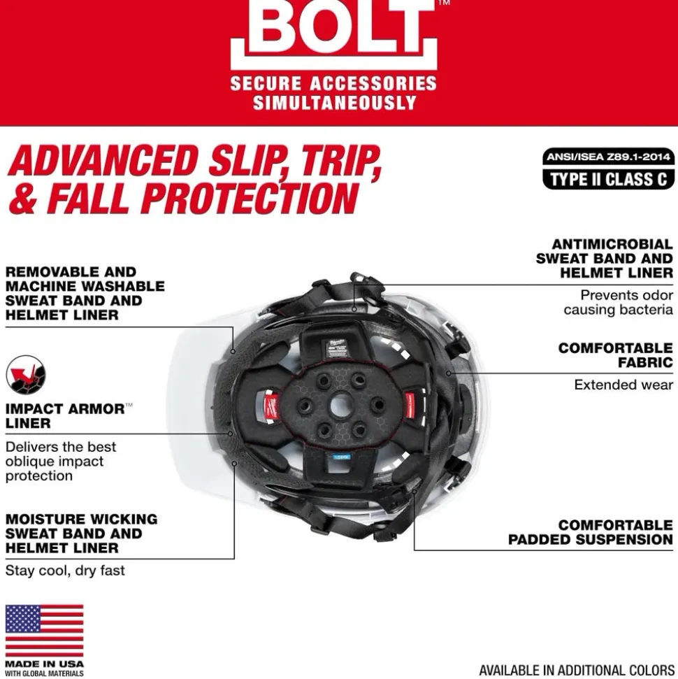 Milwaukee BOLT Type 2, Class C Vented Front Brim Safety Helmet w/ IMPACT ARMOR Liner - White 48-73-1364