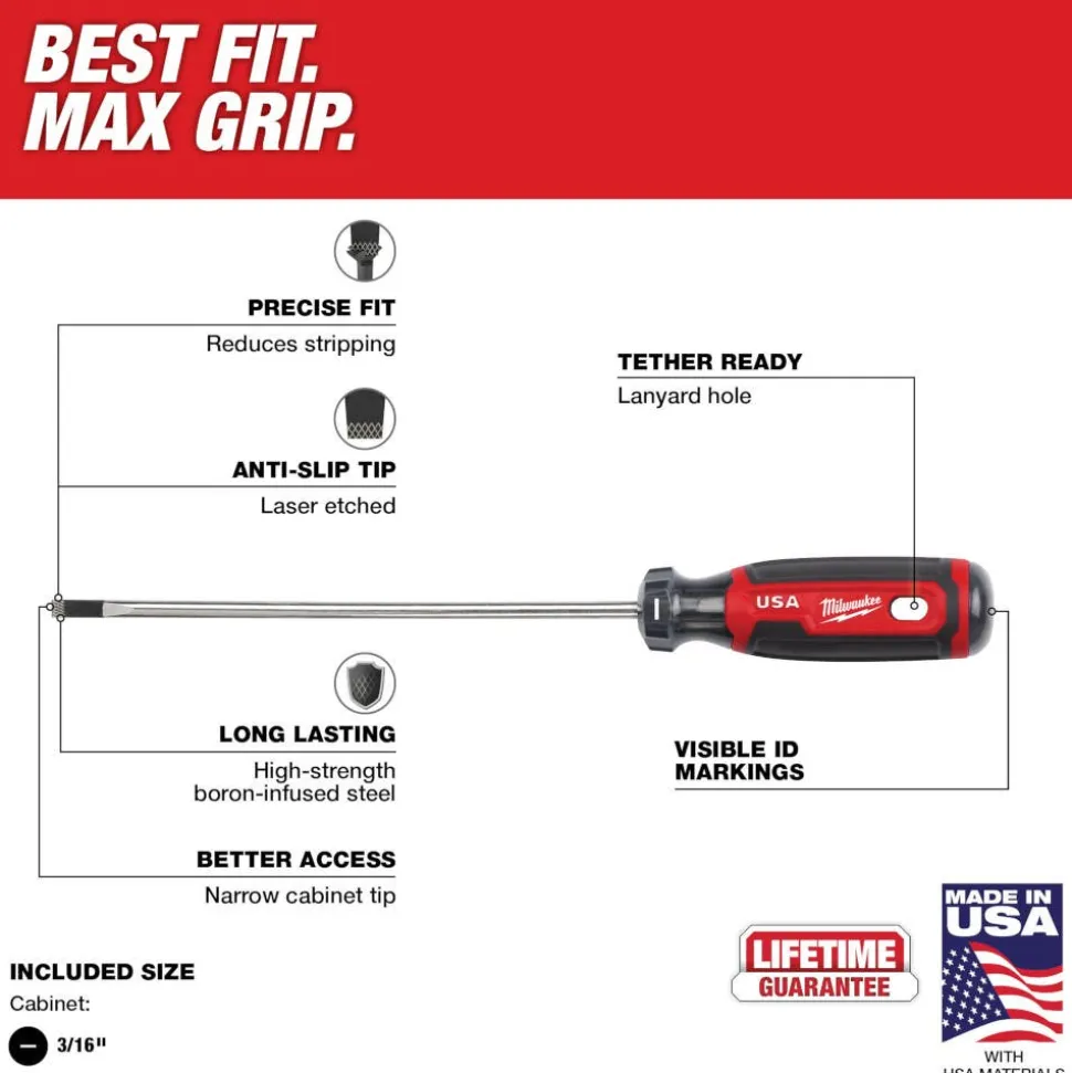 Milwaukee 3/16" Cabinet 6" Cushion Grip Screwdriver (USA) MT212