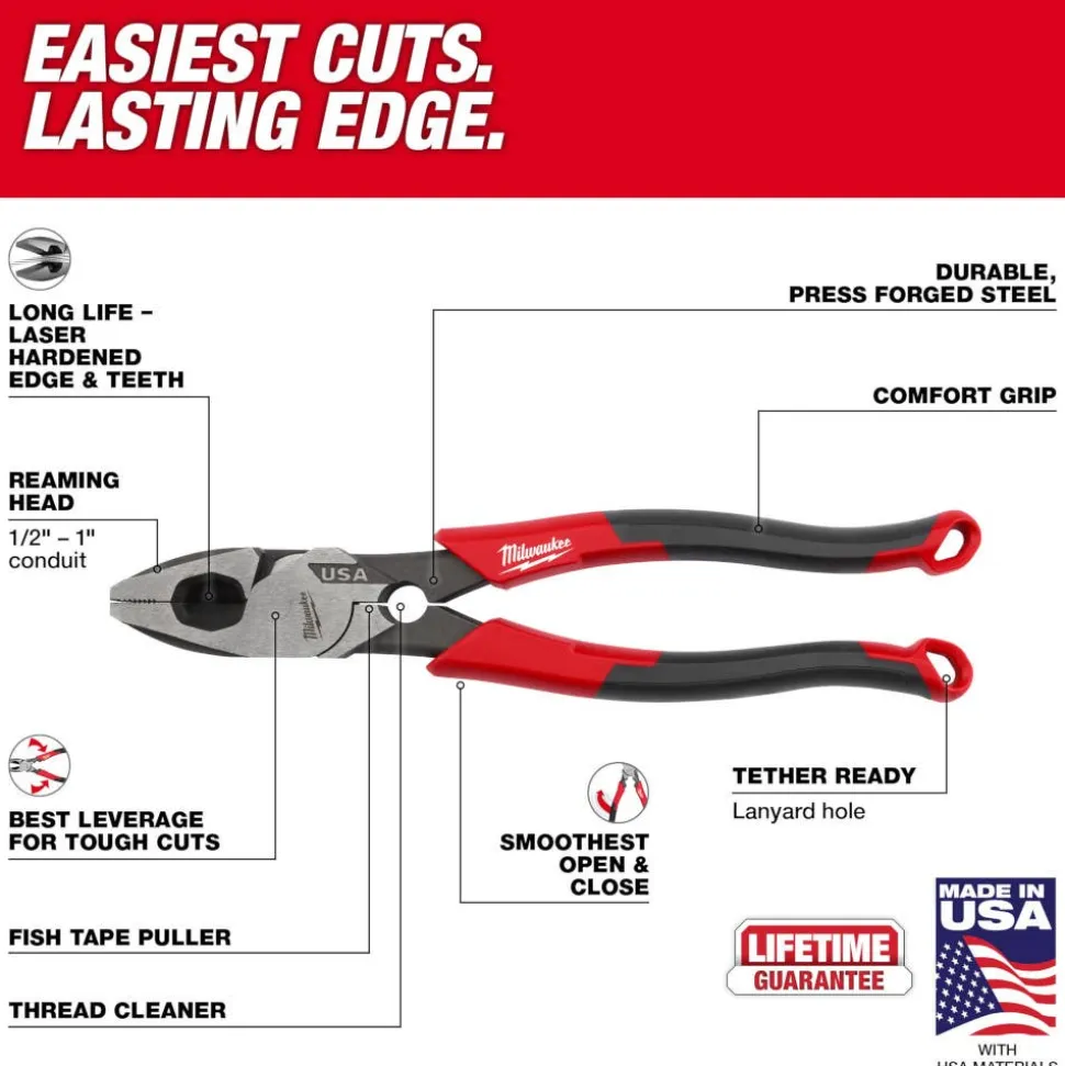 Milwaukee 9" Lineman's Comfort Grip Pliers w/ Thread Cleaner (USA) MT550T