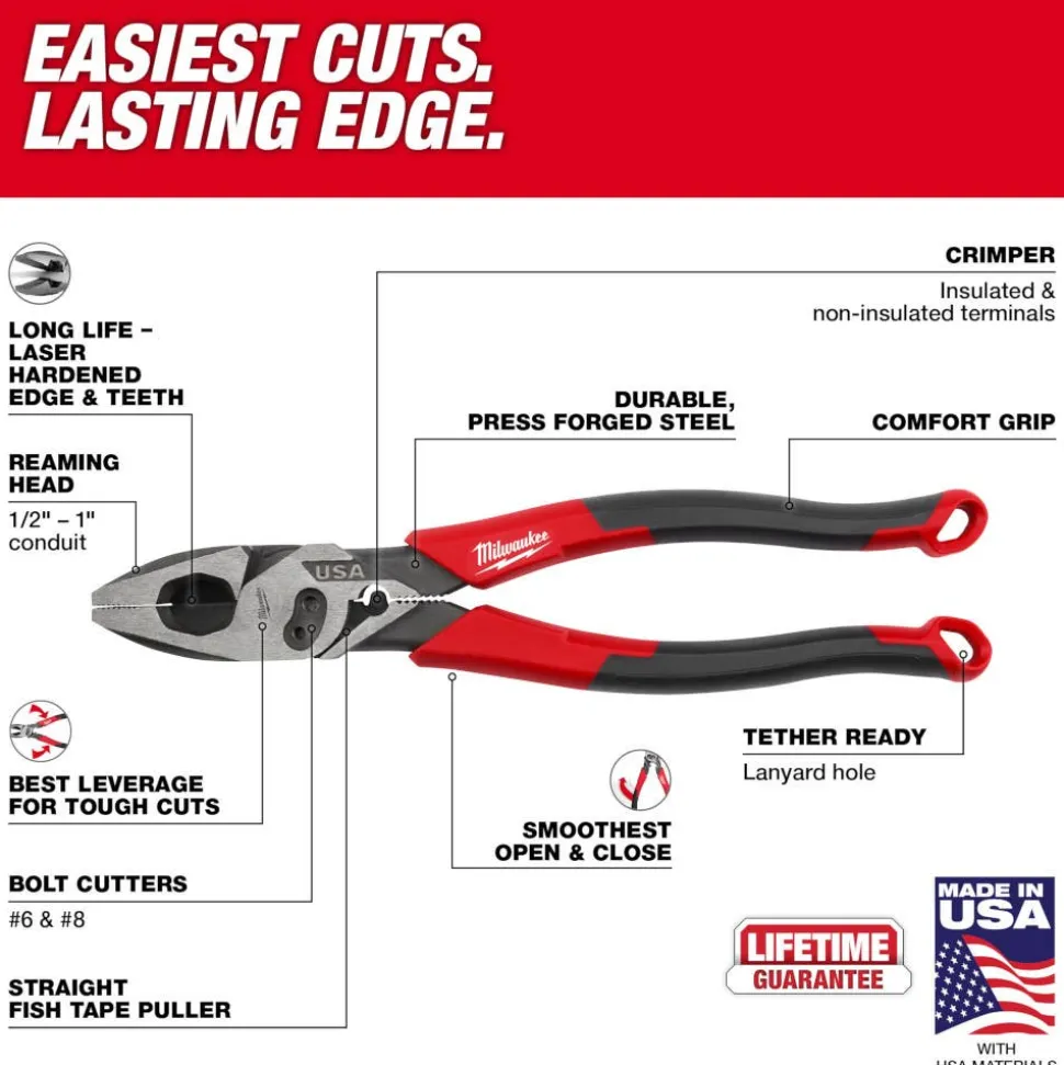 Milwaukee 9" Lineman's Comfort Grip Pliers w/ Crimper and Bolt Cutter (USA) MT550C