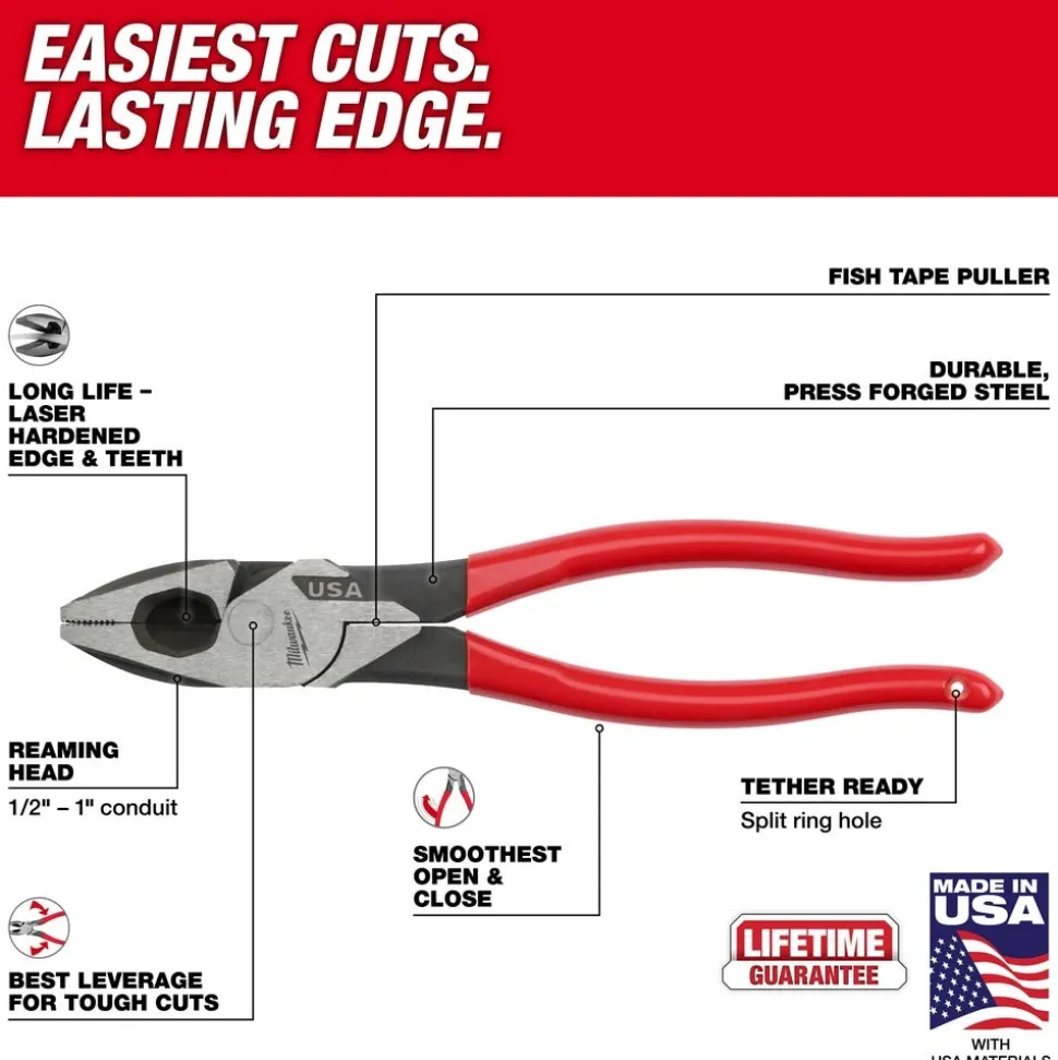Milwaukee 9" Lineman's Dipped Grip Pliers (USA) MT500