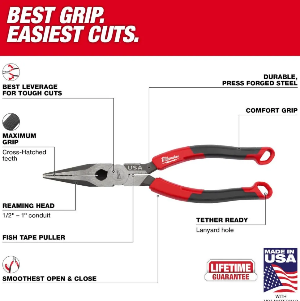 Milwaukee 8" Long Nose Comfort Grip Pliers (USA) MT555