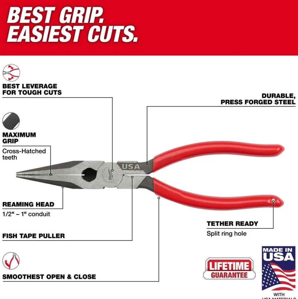 Milwaukee 8" Long Nose Dipped Grip Pliers (USA) MT505