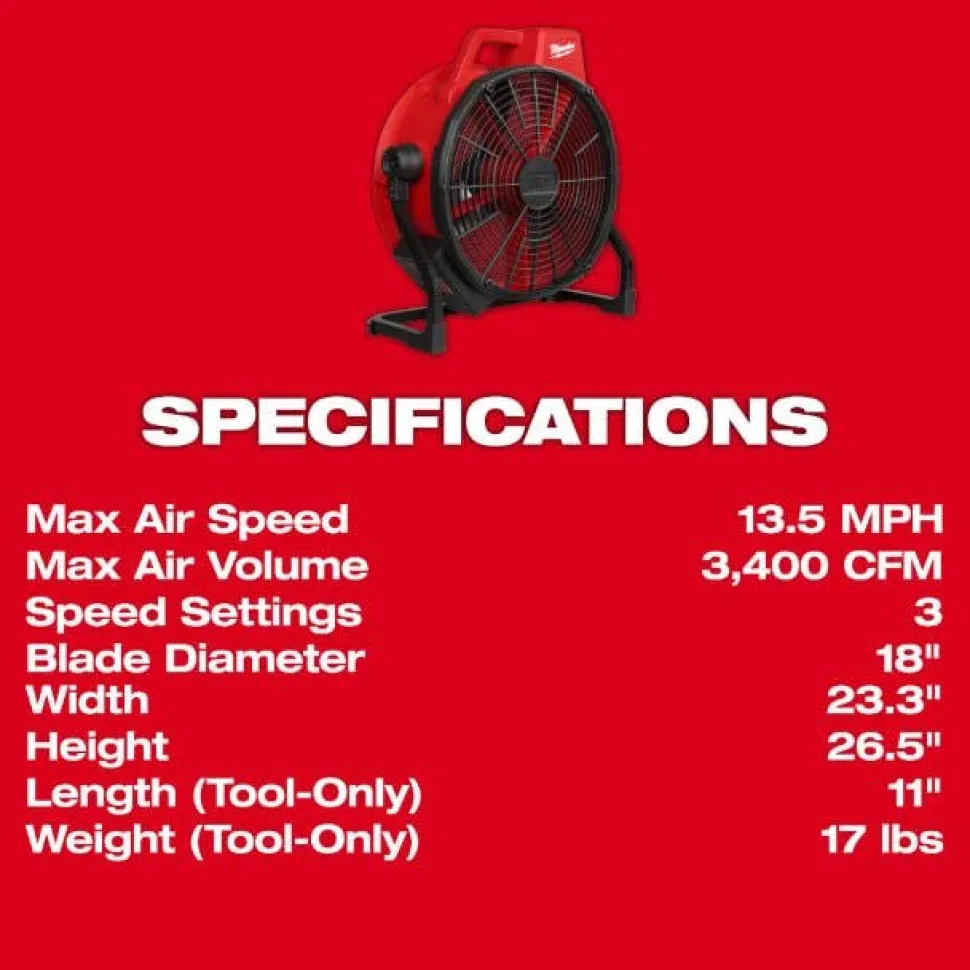 Milwaukee M18 Brushless 18" Fan AC/DC 3,400 CFM 0821-20