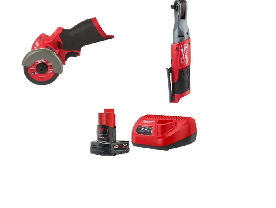 Milwaukee M12 FUEL 3" Compact Cut Off Tool & M12 FUEL 3/8" Ratchet ONE BATTERY M12 REDLITHIUM XC4.0 Kit 2522-20 & 2557-20 & 48-59-2440