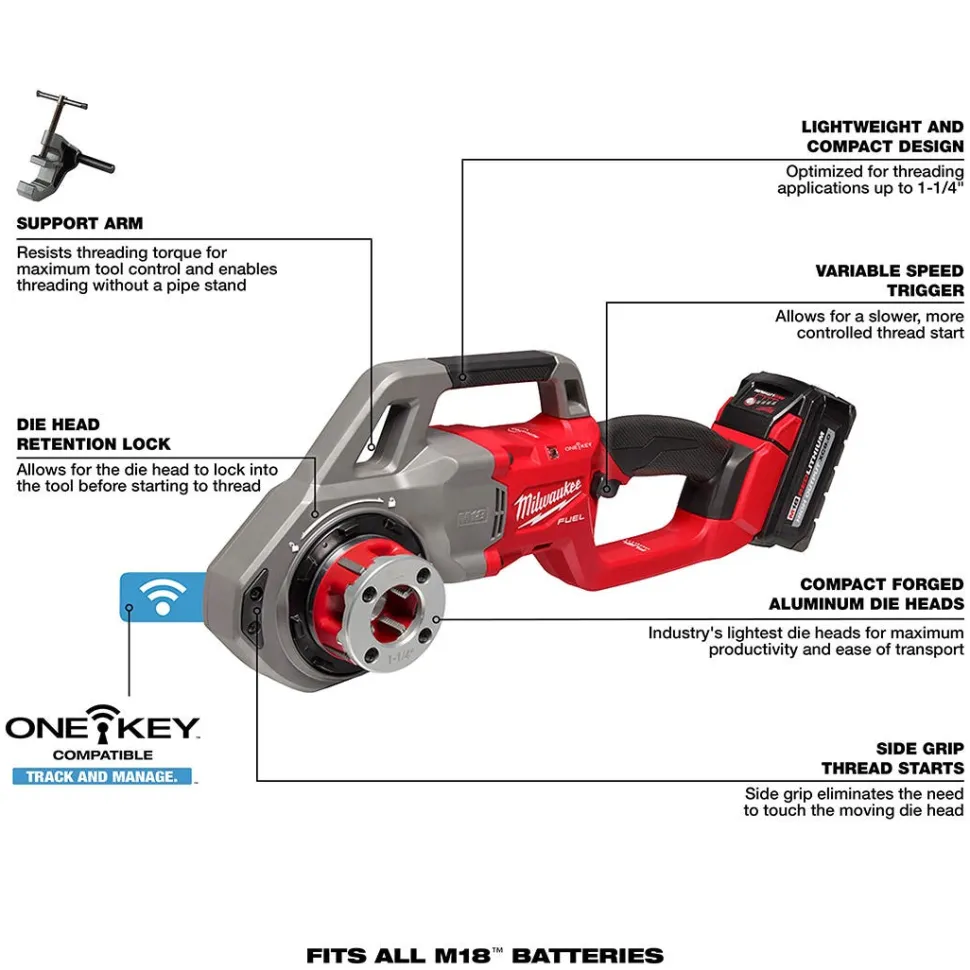 Milwaukee M18 FUEL Compact 11R Pipe Threader + 4 Aluminum Die Head Kit NPT (1/2" - 1-1/4") 2870-22