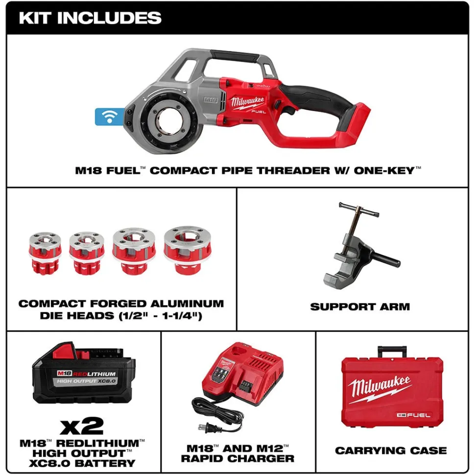 Milwaukee M18 FUEL Compact 11R Pipe Threader + 4 Aluminum Die Head Kit NPT (1/2" - 1-1/4") 2870-22