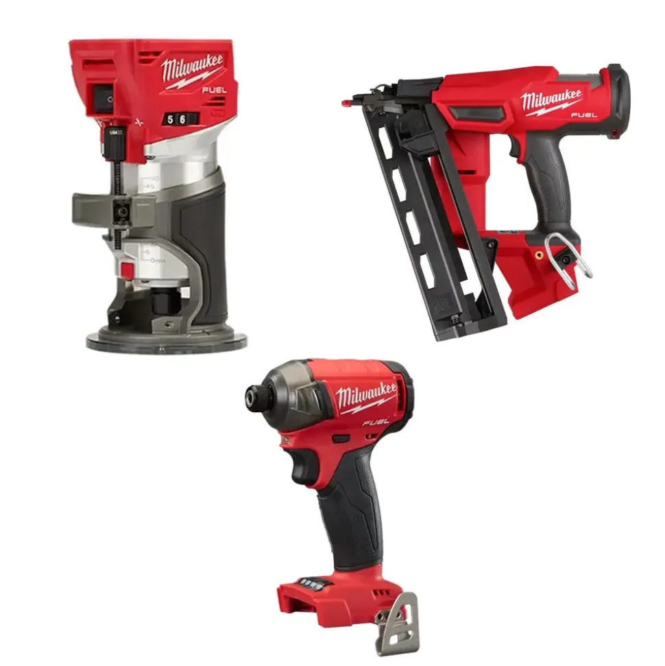 Milwaukee M18 FUEL 16Ga. Angled Finish Nailer, Compact Router & SURGE 1/4" Hex Hydraulic Driver Bare Tool Bundle