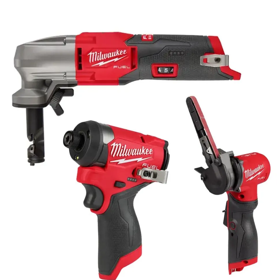 Milwaukee M12 FUEL 16Ga. Variable Speed Nibbler, 1/4" Hex Impact Driver & 3/8" Bandfile Bare Tool Bundle