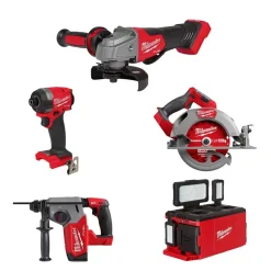 Milwaukee M18 FUEL 1/4" Hex Impact Driver, 5" No-Lock Paddle Switch Angle Grinder, 7-1/4†Circular Saw, 1" SDS Plus Rotary Hammer & PACKOUT Light/Charger Bare Tool Bundle